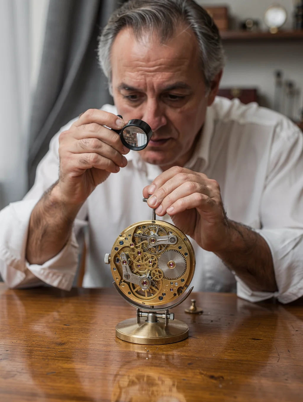 Close up of a luxury watch movement being inspected by a master horologist